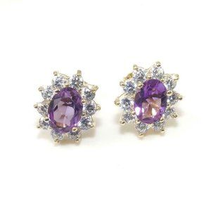 10K Gold Purple Amethyst CZ Halo Stud Earrings